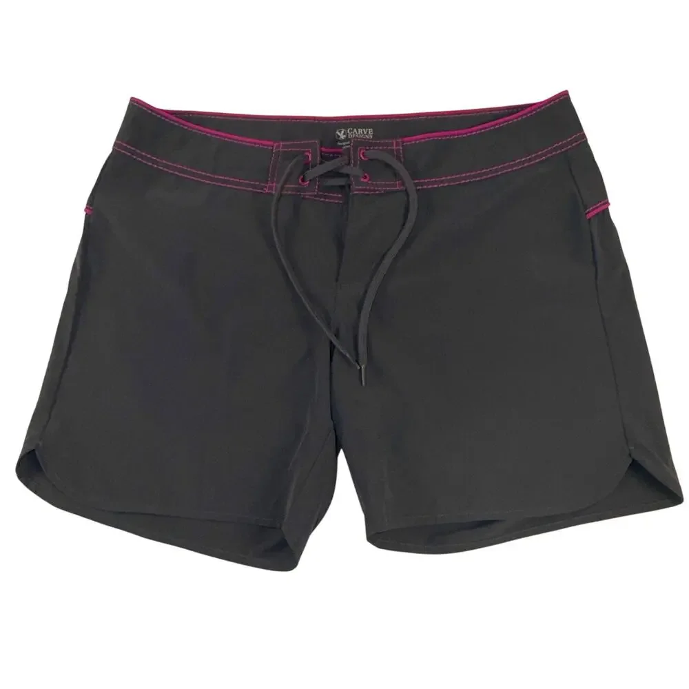Carve Designs Women's Board Shorts Gray Pink Trim Lace Up Swim Shorts Size M
